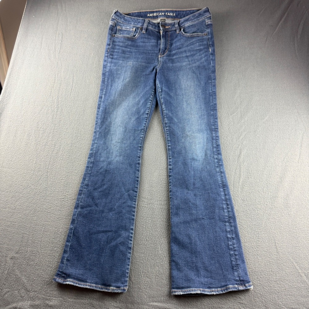 American Eagle Kick Boot Jeans Womens 8 Short Blue Stretch Cowgirl Rodeo Whisker